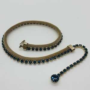 Vintage Signed Weiss Sapphire Rhinestone and Gold Tone Choker/Necklace 15 1/2”